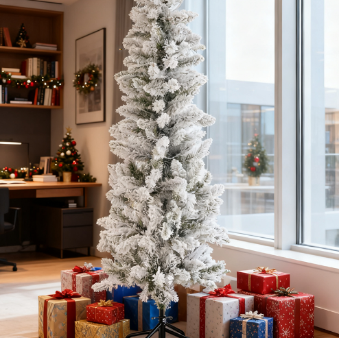Close-up of warm white LED lights pre-wrapped along the branches of a green pencil Christmas tree