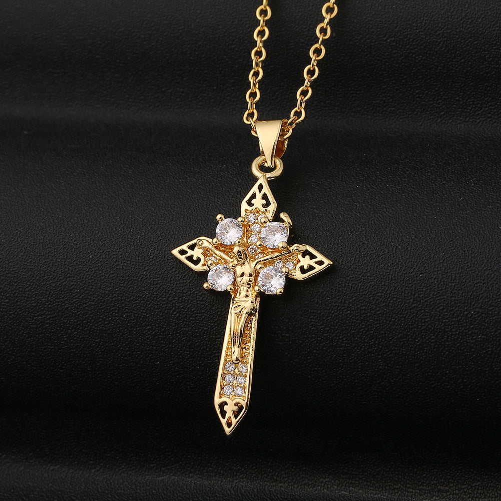 Trendy geometric cross pendant jewelry flat lay