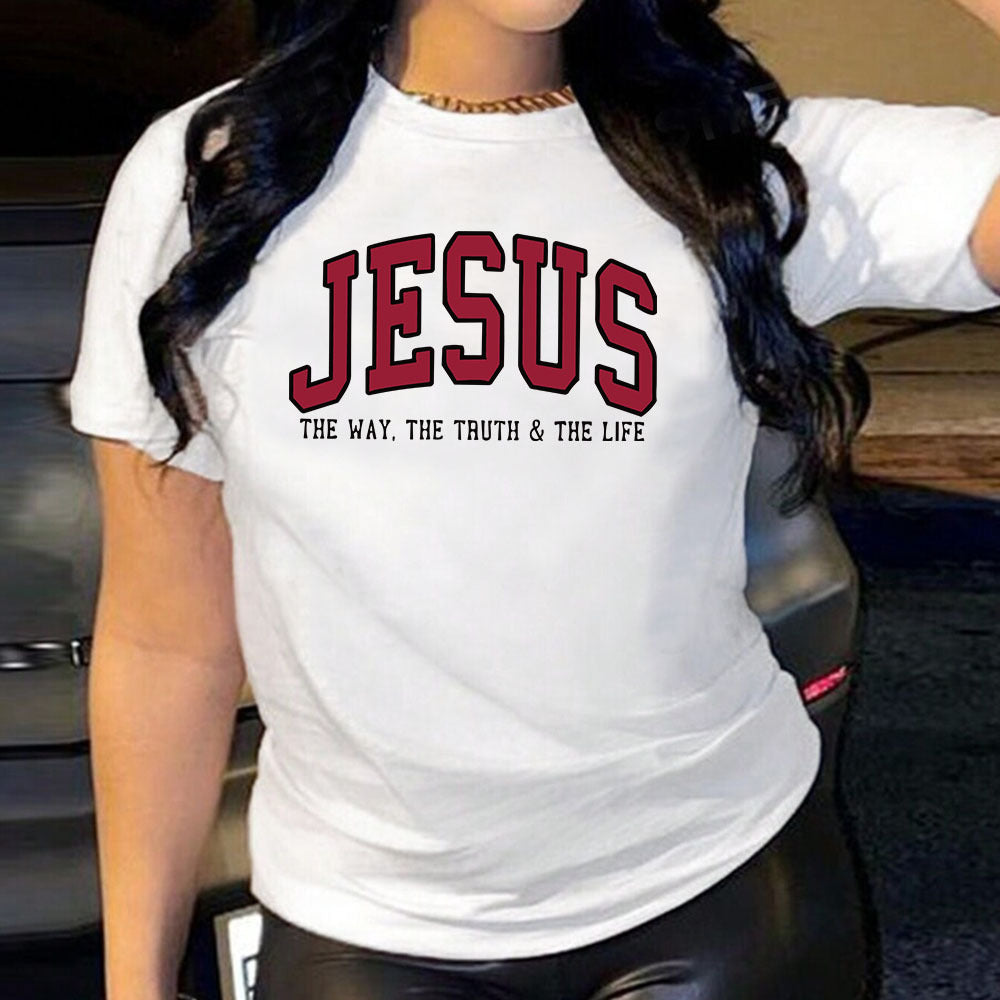 Women's Jesus Printed Loose Cotton T-Shirt in dark gray relaxed fit