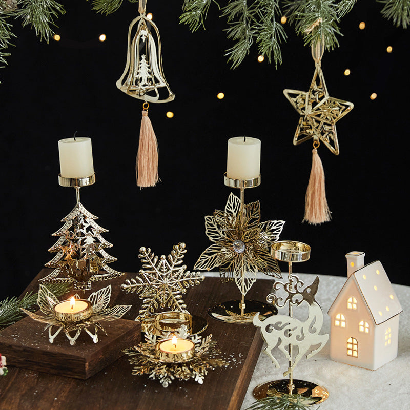 Christmas tree wrought iron candlestick decoration on wooden table with warm ambiance
