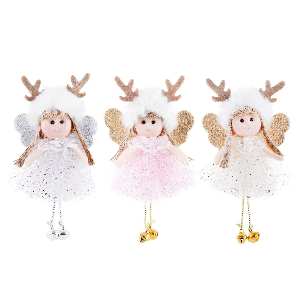 Sequined angel pendant ornament with bell hanging against festive background