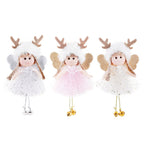 Sequined angel pendant ornament with bell hanging against festive background