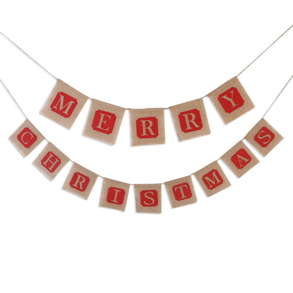 Two burlap Christmas banners hanging on rustic wooden mantel for holiday display