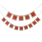 Two burlap Christmas banners hanging on rustic wooden mantel for holiday display