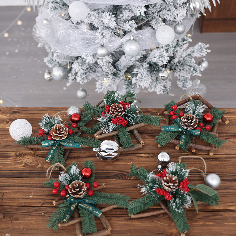 Five-pointed star ornament with pine needle detail on a festive Christmas tree
