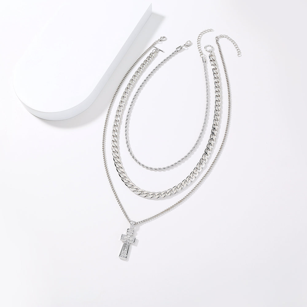 Multi-layer zinc alloy cross necklace with electroplated finish, front view