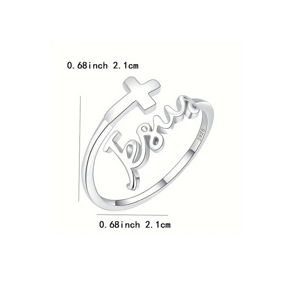 Zinc alloy faith ring with cross and Jesus motif featuring electroplated finish