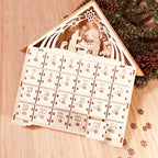 Set of 6 images showing wooden advent calendar from multiple angles in warm lighting