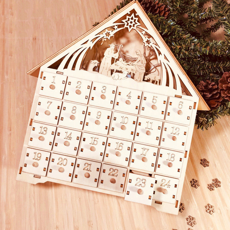 Set of 6 images showing wooden advent calendar from multiple angles in warm lighting