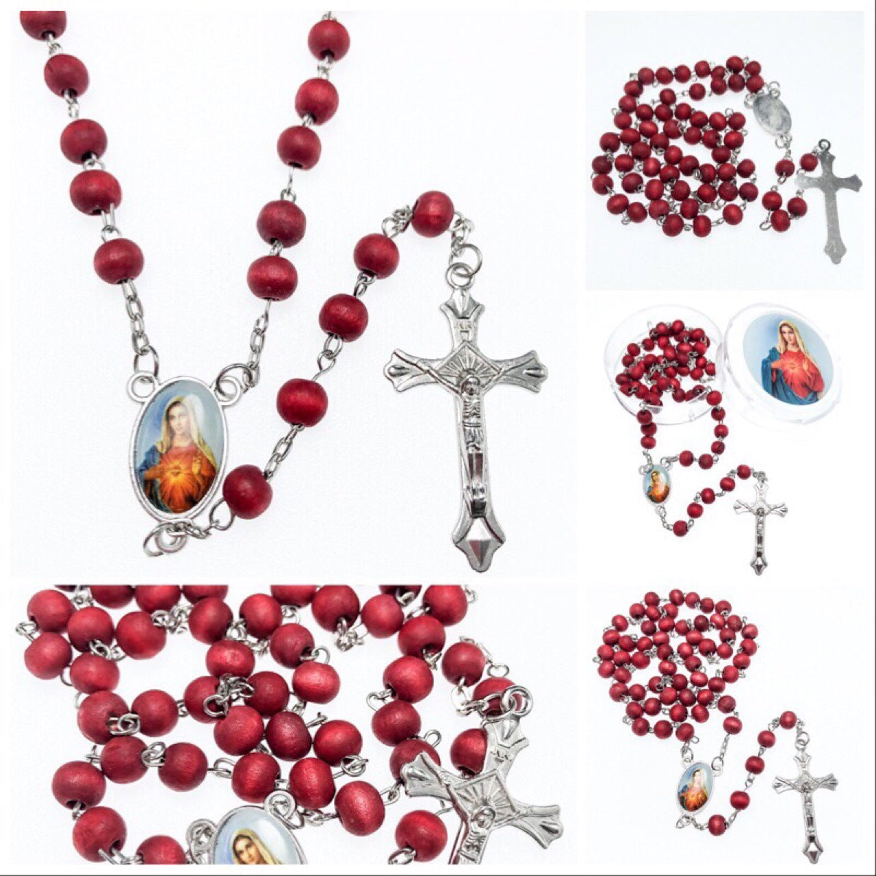 Five color variants of wooden crochet rosary necklace