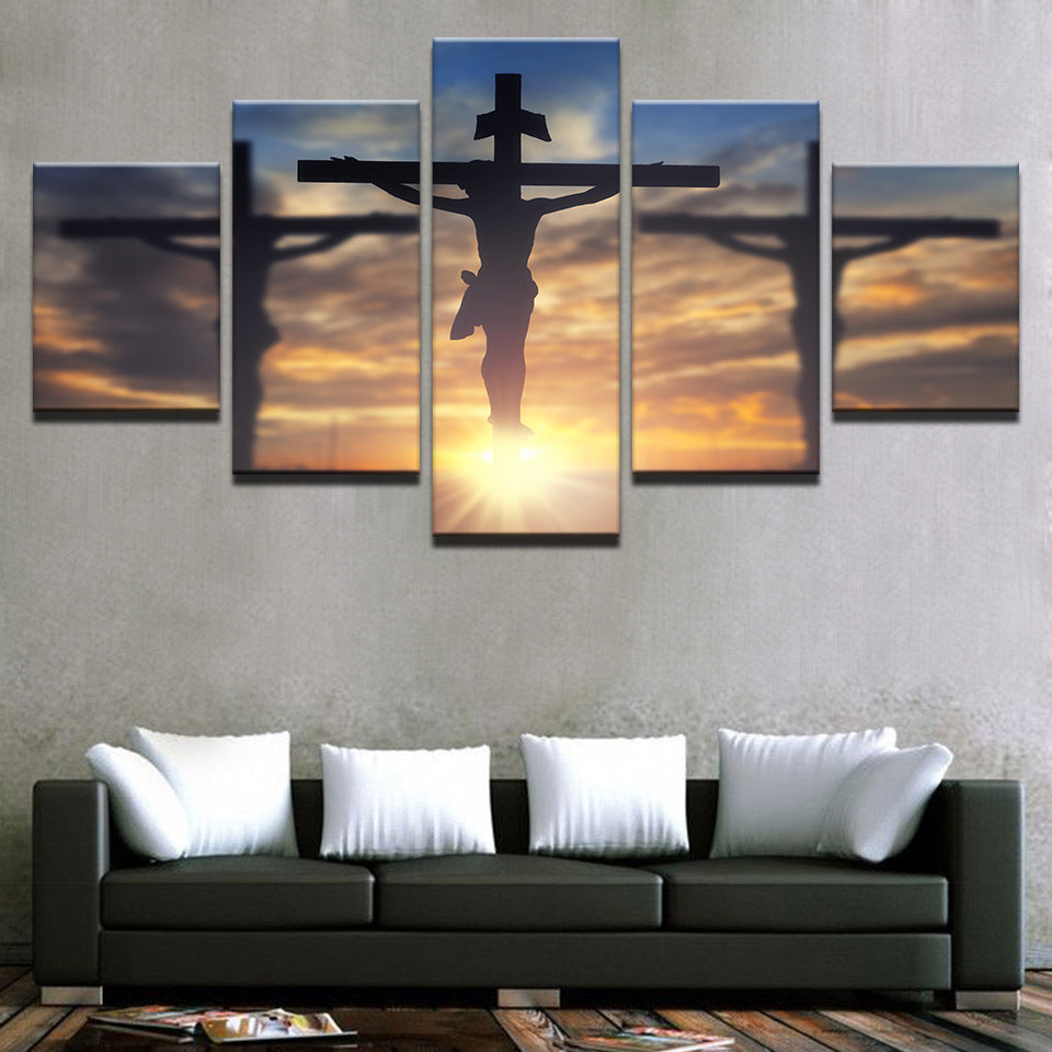 Abstract Jesus Christ canvas wall art set displayed in a living room setting