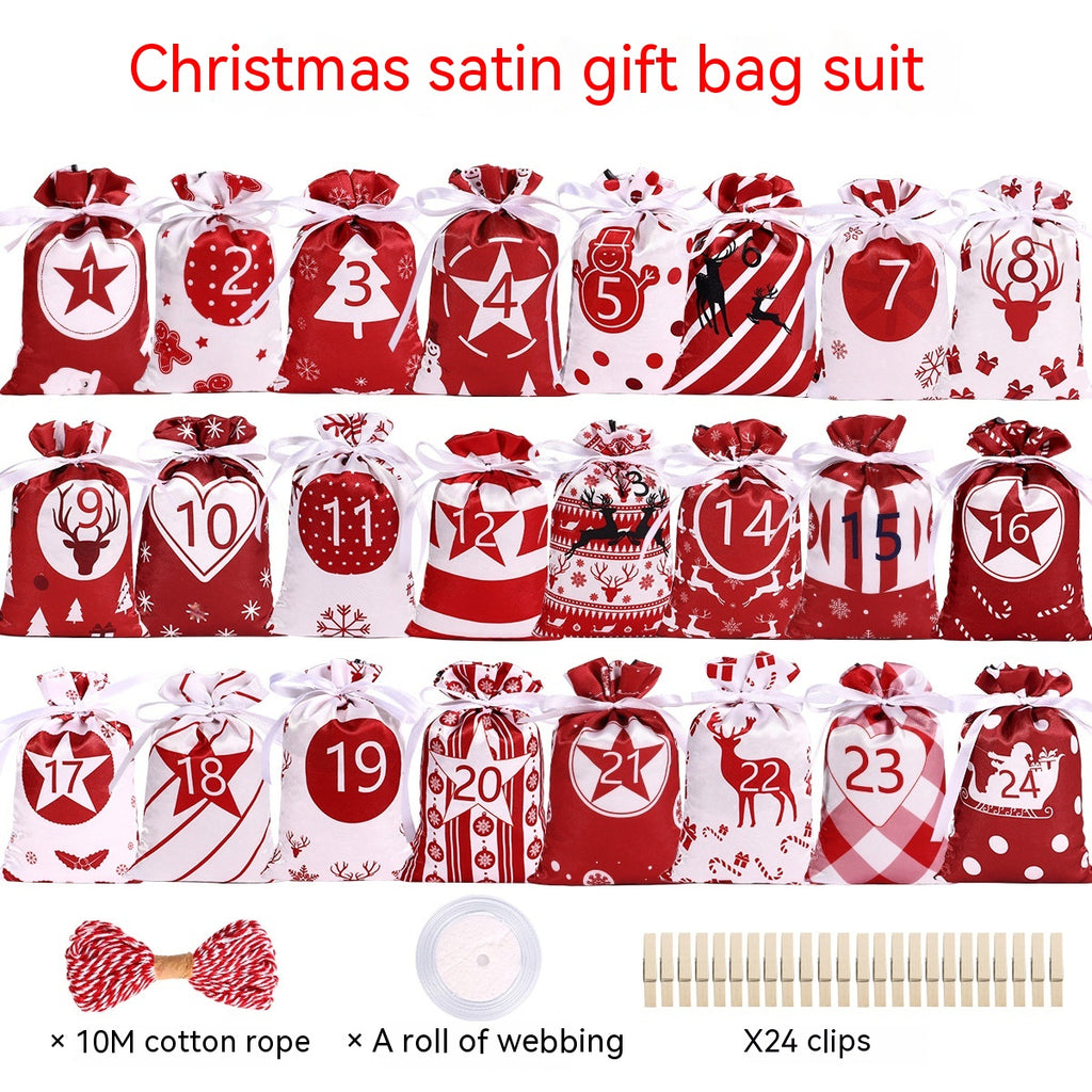 Close-up of satin-style drawstring gift bags in festive multicolor designs