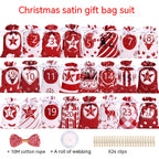 Close-up of satin-style drawstring gift bags in festive multicolor designs