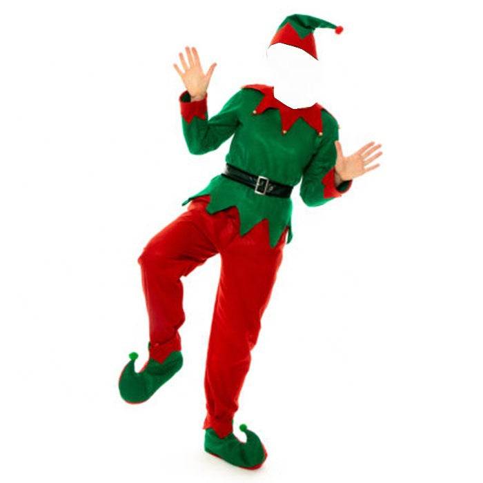 Elf costume displayed with accessories for complete holiday dress-up ensemble