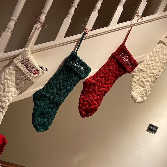 Knitted Christmas Stocking Gift Bag - Embroidered Holiday Design - Christian Home Decor