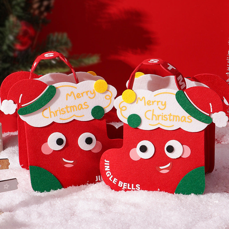 Festive Christmas felt gift bag with cartoon design in rich red