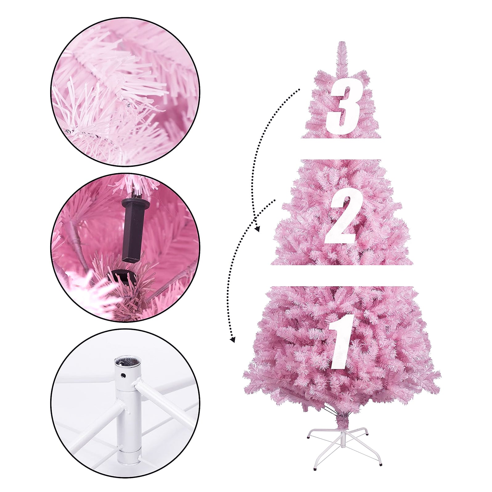 3-section assembly display showing how the pink tree pieces fit together