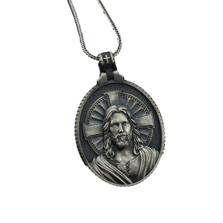 Men wearing retro Catholic cross necklace with casual attire