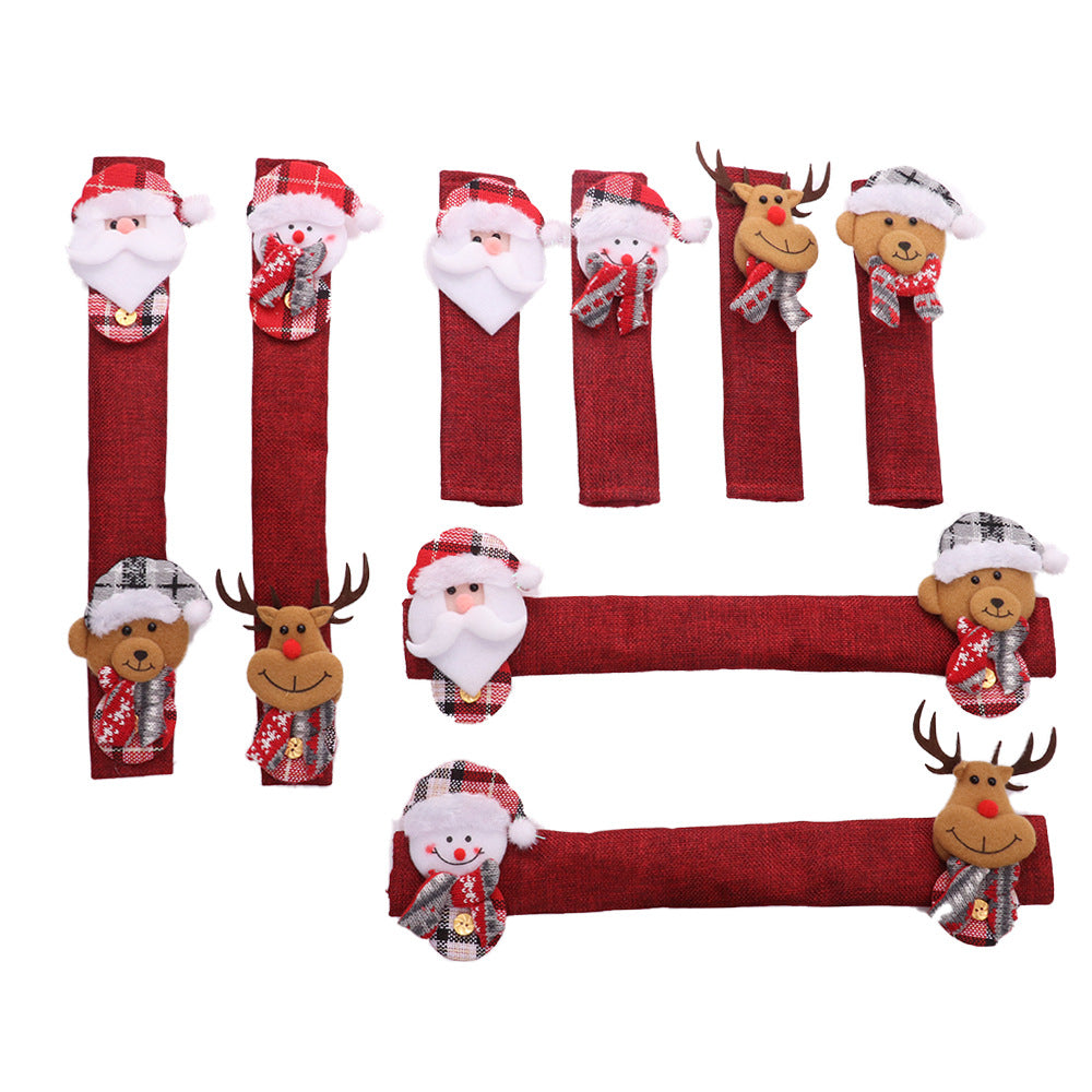 Christmas kitchen scene with decorated refrigerator and appliance handles