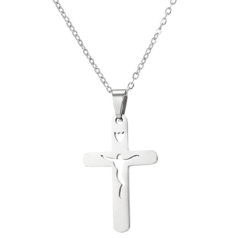 Multiple angles of the vintage cross pendant necklace showing both color options