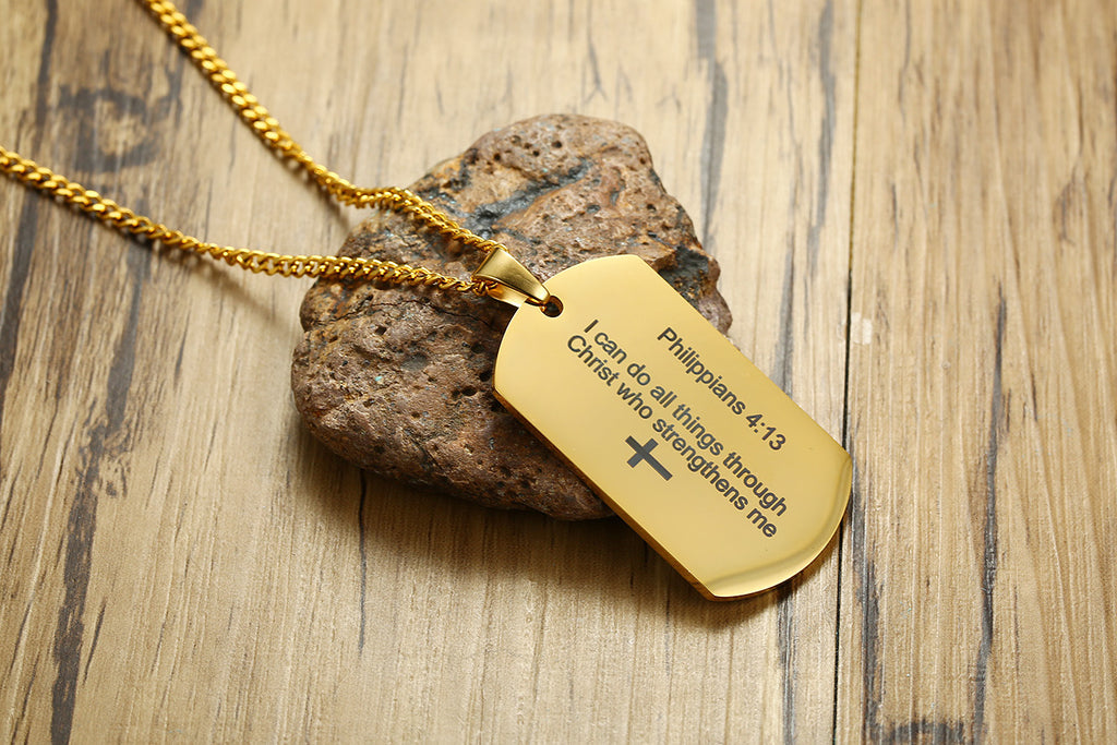 Man wearing Philippians Bible Verse pendant necklace in everyday setting - inspirational jewelry