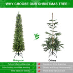 Slim vertical green Christmas tree displayed in a cozy living room setting
