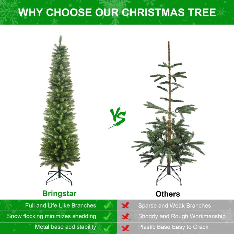 Slim vertical green Christmas tree displayed in a cozy living room setting