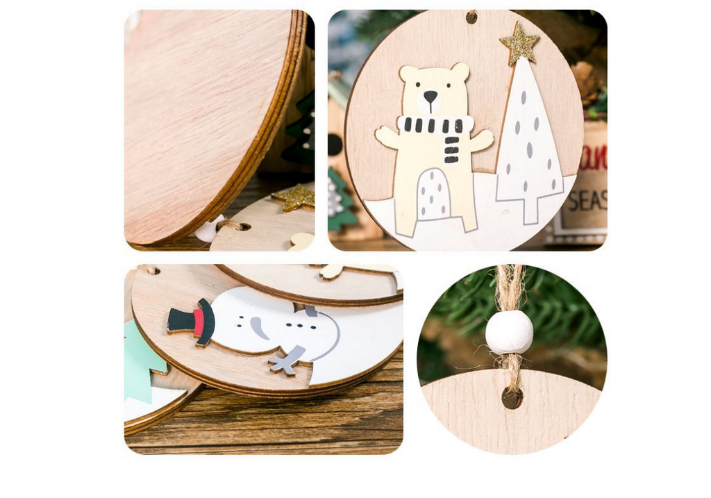 Set of painted wooden Christmas pendants in multiple holiday designs including elk, bear, and snowman