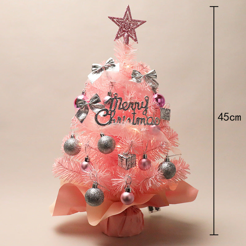 White mini Christmas tree 60cm displayed on wooden surface with ornaments