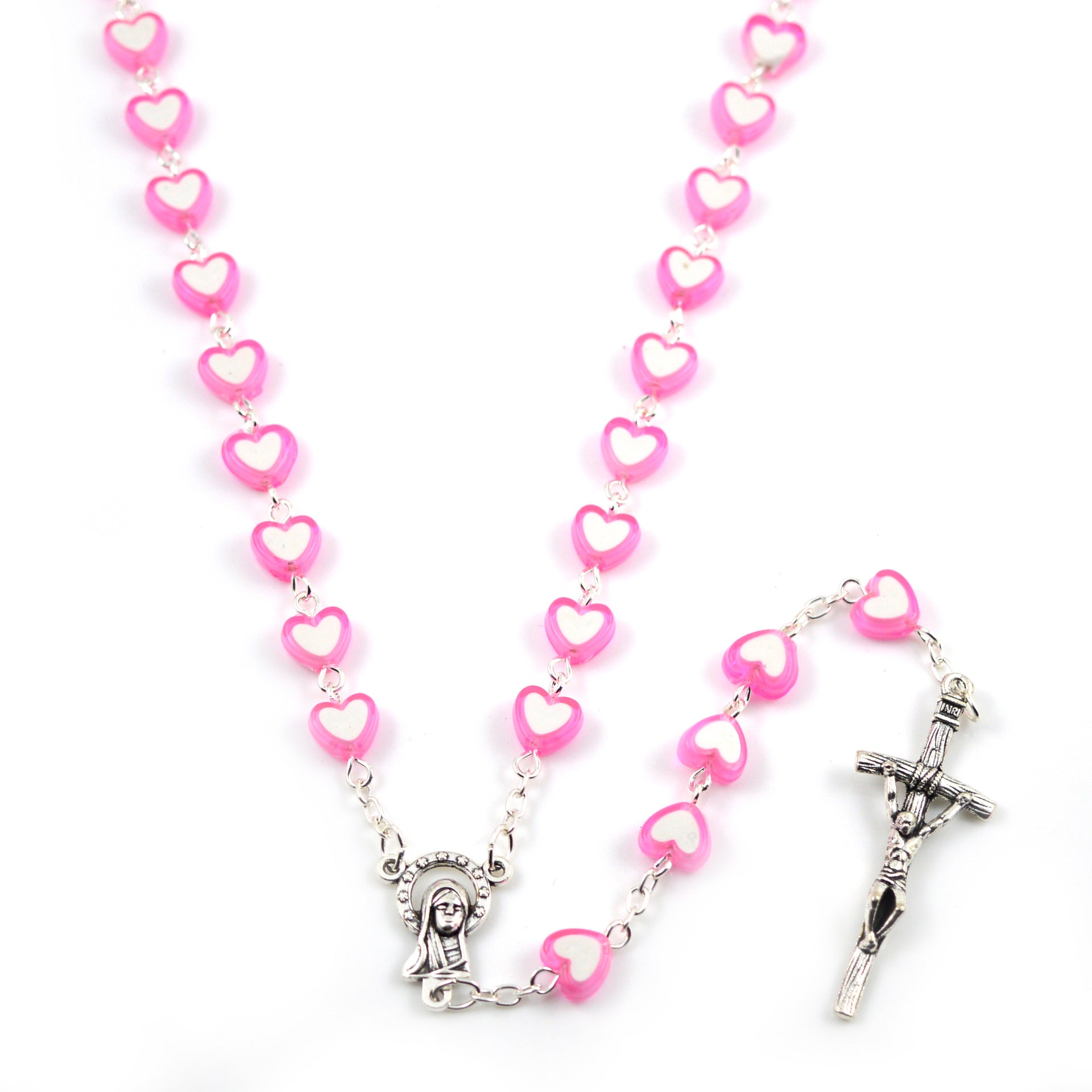 Multicolor heart-shaped rosary necklace with cross pendant close-up