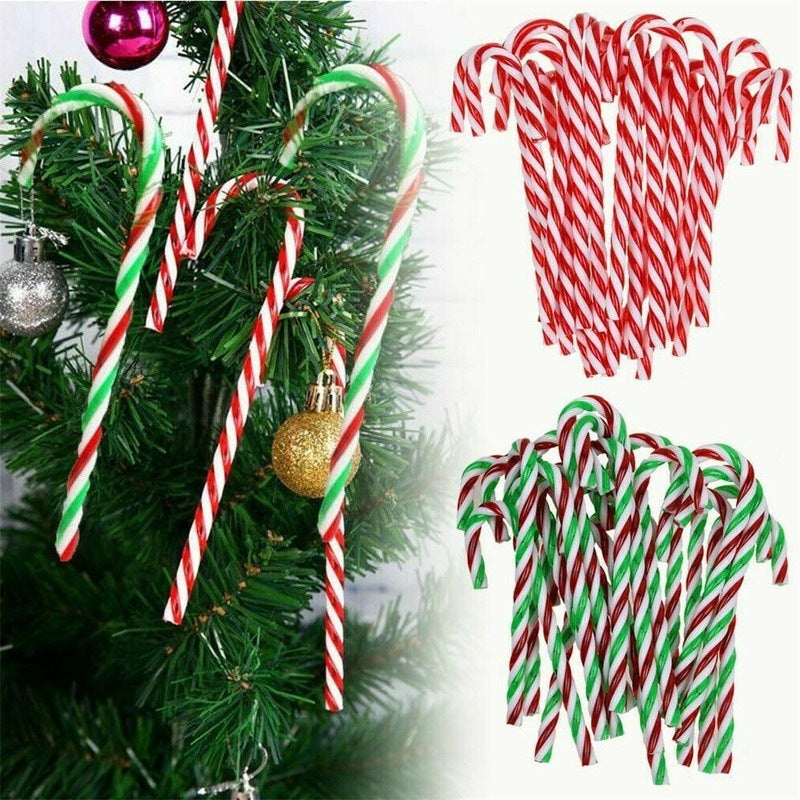 Festive Christmas candy cane pendants arranged as holiday decor