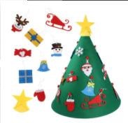 Close-up of red and green felt Christmas tree pendant with decorative details