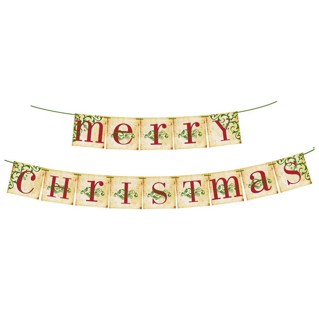 Retro style paper flag banners in warm Christmas colors and patterns