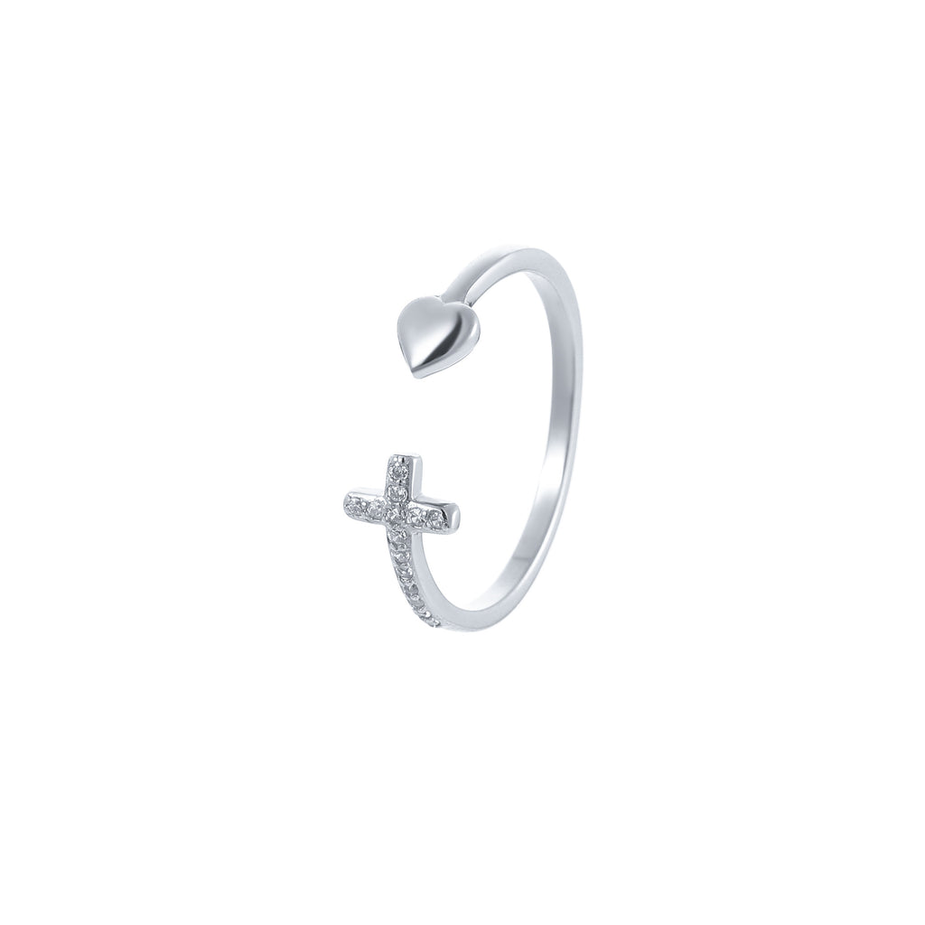 Adjustable cross and heart ring for women in silver and gold finish