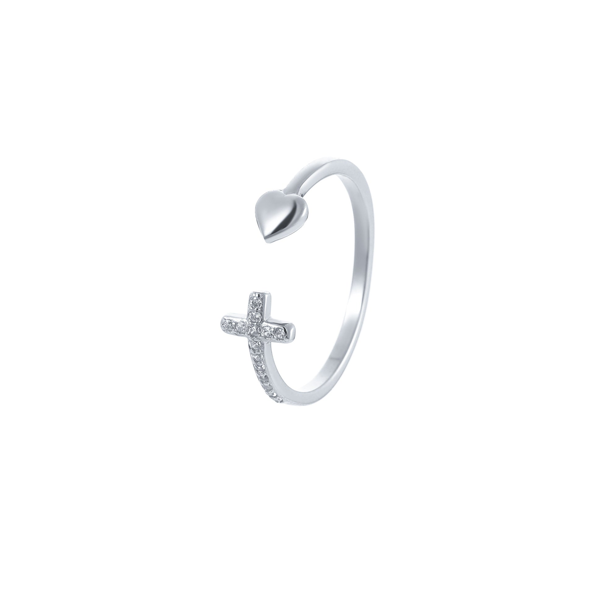 Adjustable cross and heart ring for women in silver and gold finish
