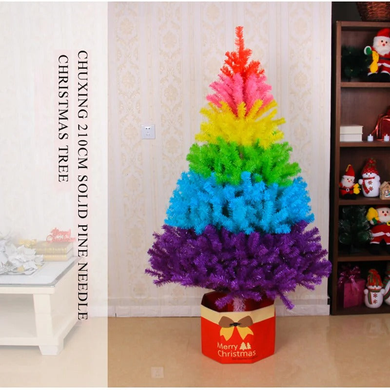 Colorful gradient Christmas tree as centerpiece on wooden table