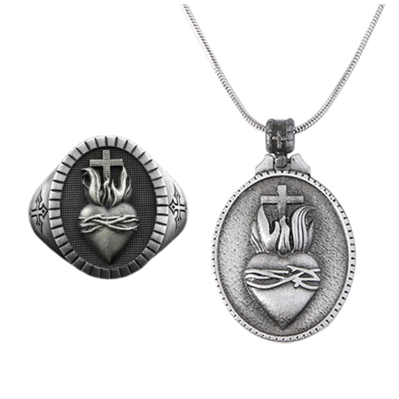 Zinc alloy sacred heart cross jewelry set in antique silver color