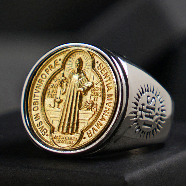 Detail of titanium steel and copper ring showing the medal engraving