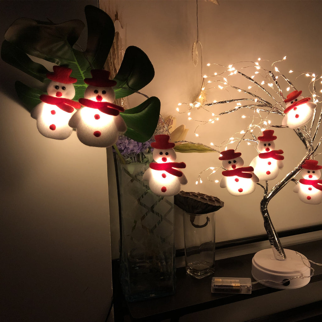 Warm white LED glow from plush snowman string lights in a cozy setting
