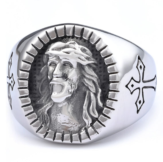 Close-up of Jesus image on oxidized men's ring