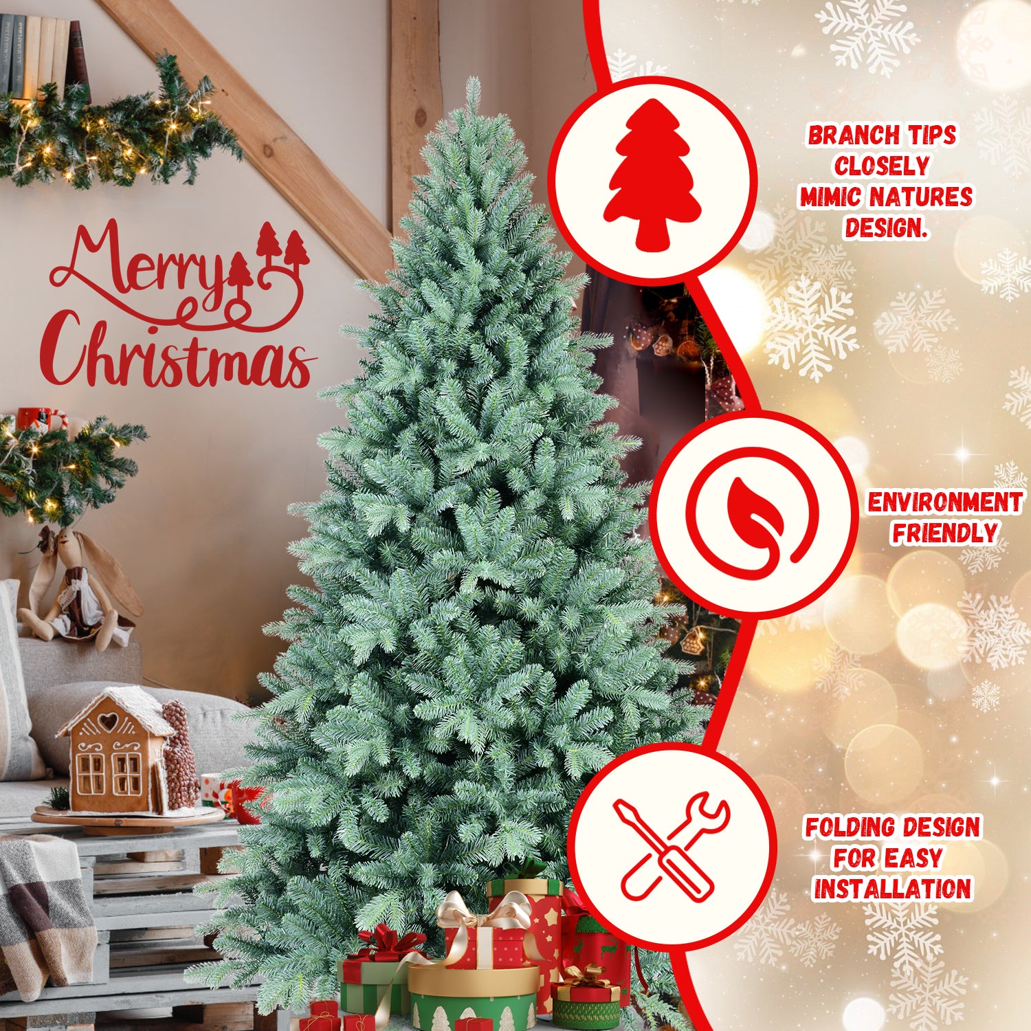Blue Christmas tree as room centerpiece with garland decorations