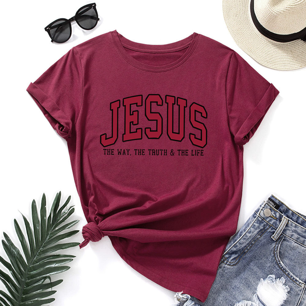 Women's Jesus Printed Loose Cotton T-Shirt in olive green casual style
