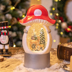 Christmas music box close up of rotating mushroom snowman scene