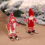 Wooden ski doll ornament with striped hat in winter scene for holiday display