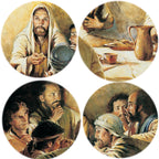 Fresco-style canvas print showing Jesus at dinner with warm golden tones and devotional atmosphere