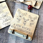Wooden money tree rack displaying holiday spirit on wooden surface