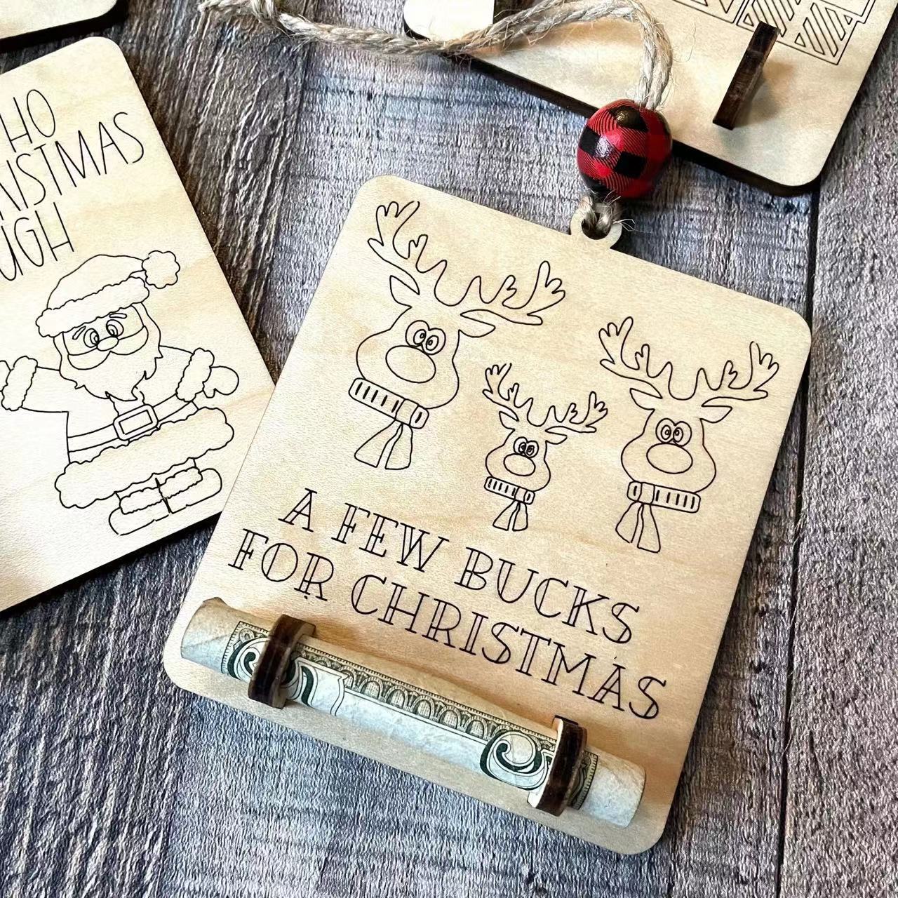 Wooden money tree rack displaying holiday spirit on wooden surface