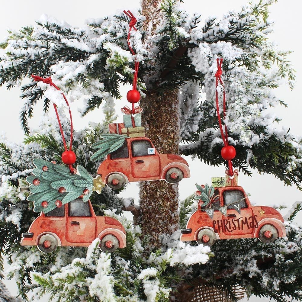 Wooden ornament with rustic finish featuring colorful vintage holiday truck scene