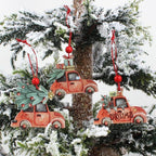 Wooden ornament with rustic finish featuring colorful vintage holiday truck scene