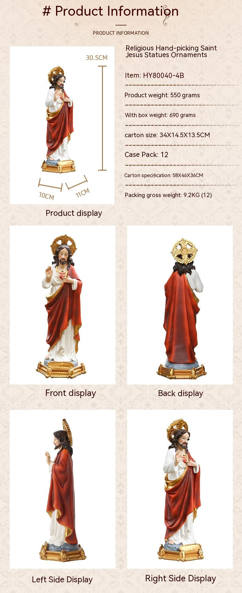 Resin Jesus statue on decorative stand for Christian home decor